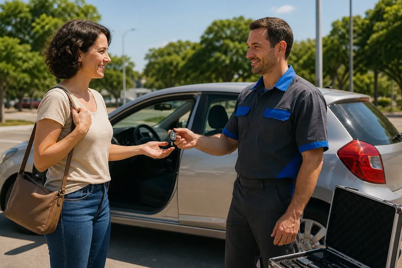 Chaveiro abrindo um carro em Alagoinhas com ferramentas adequadas.