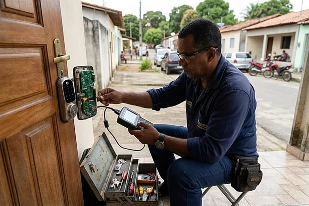 Chaveiro programando uma fechadura digital em Alagoinhas.